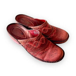 Clarks Artisan Red Leather Embroidered Clog‎ Mule Size 8.5 Platform Boho Chic